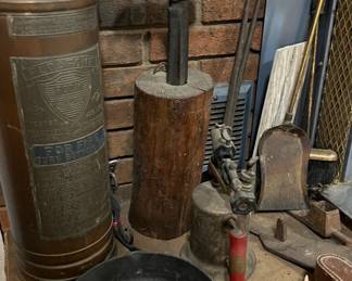 Vintage fire extinguisher, churn and cast iron skillets