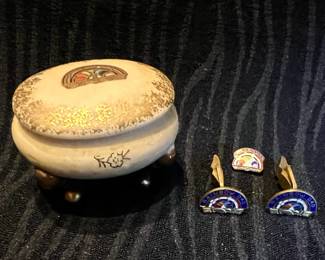 Hand painted trinket dish with matching cufflinks and tie pin