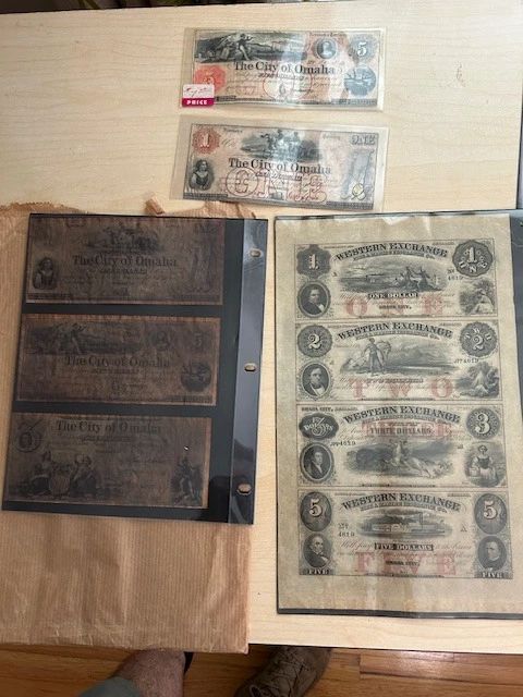One uncut sheet. Five individual notes. 1857. Nebraska territory. City of Omaha. Were purchased from coin shop in downtown Omaha years ago. 