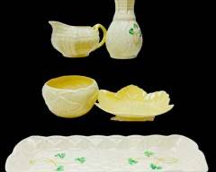 Fine BELLEEK IRISH FINE EGGSHELL CHINA VESSEL BOWL LEAF PLATE AND LONG SERVING TRAY
