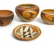 3 Vintage Frieda Poleahla Signed Hopi Native American Bowls PLUS 1 Acoma Small Dish
