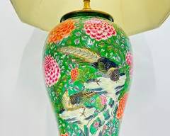 Fantastic Fine Asian PORCELAIN BIRDS AND FLOWERS CHINOISERIE Table LAMP on Hand Carved WOODEN BASE
