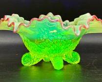 FANTASTIC URANIUM VASELINE ART GLASS FOOTED RUFFLED BOWL
