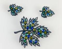Vintage Colorful Rhinestone Statement Black Leaf Pin Brooch & Clip On Earrings - Unsigned

