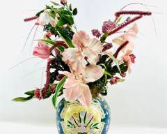 Decorative Faux Pink , White And Green Flowers On Floral Ceramic Vase
