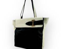 ISAAC MIZRAHI Black/Ivory Colorblock Faux Leather Tote.

