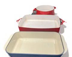 Lot of three Enameled Cast Iron Baking sheets and a pot 2 X Dansk 1 X Le Creuset
