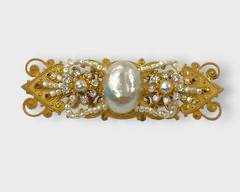 Miriam Haskell Gold Toned Pearl & Rhinestone Brooch
