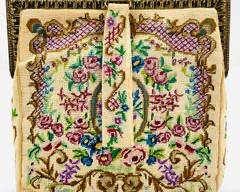 Vintage Petit Point Needlepoint Tapestry Floral Handbag W Gold Tine Hardware Fancy Brass Surround
