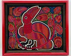 Vintage South American Folk Art Framed Abstract MOLA Bird And Leaves
