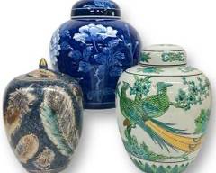 Fine Asian Imari Hand Painted Blue White Floral Lidded Ginger Jar, Peacock Lidded Jar, and Bird Feather Lidded Ginger Jar
