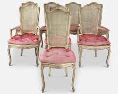 Set of Eight Pink Fabric Painted Wood and Rattan French Style Dining Chairs
