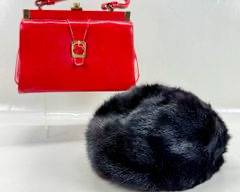 Vintage DESIGNED BY LORA Real Mink Hat and Red Patent Leather Vintage Handbag, No Label
