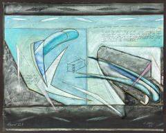 Large 51" Artist Signed 1987 Abstract Architectural Geometric Mixed Media Drawing
