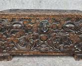 Asian Hand Carved 19th Century Elm Wood with Deep Relief and Dragon Chest Trunk
