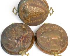 Vintage Copper, Brass & Handled Food Molds of Pig, Rooster, and Grapes
