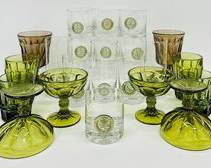 ROSENTHAL MCM CRYSTAL PIRAT PIRATE PIRATENSIEGEL Smoke on Clear Liquor Cocktail Glass Barware 24% Lead Crystal Bjrn Wiinblad Amberg Bavaria Germany; GREEN FOSTORIA PEDESTAL GLASSES ABD GREEN TUMBLERS

