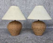 Pair of Vintage Rattan Wicker Table Lamps
