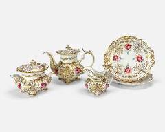 Stunning Antique 19thC French Gilt Painted Fine Porcelain China Tea Service Set w/Plates
