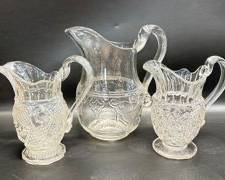 EARLY AMERICAN PRESSED GLASS EAPG 19th C FLINT GLASS PITCHERS W APPLIED HANDLES
