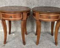 Pair Klaussner Fancy Inlaid One Drawer Round Side Tables
