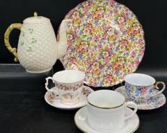 Assorted Fine Royal Doulton, Old Foley, and Belleek China Lidded Tea Pot, Tea Cups, Saucer Al, and Plate
