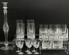 Fine Waterford Crystal Set Of Six Cordial Liqueur Glasses, Lenox Starburst Cut Fan Tumbler and Short Tumbler Glasses, Tall Handblown Swirl Pattern Candle Holder
