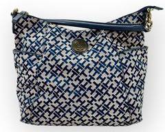 TOMMY HILFIGER Navy/Beige Signature Canvas and Leather Handbag with Gold Tone Hardware and Chain Detail
