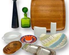 Vintage Mid Century Modern MCM Vase, Decanter, Tray, Coasters, and Casserole Lot
