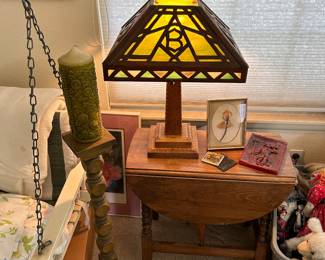 Cut glass lamp
Drop leaf end table
Vintage candle stick