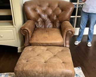 Pottery barn  leather chair with ottoman 