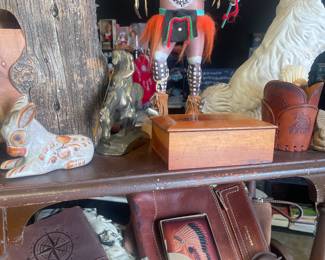 Kachinas, leather pouches, small statues