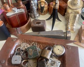 Old locks, hillbilly S&P shakers, copper flasks