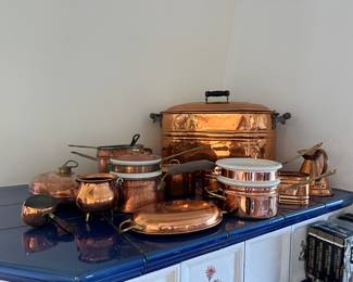 Large lot of copper kettles and pans