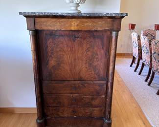 Antique Biedermeier marble-topped chest/writing desk 57" t x 38.5" w; solid marble bust of Greek goddess