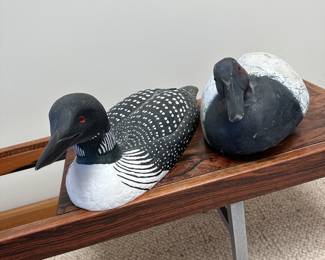 Several decoys: Far right Tom Schroeder Decoy 1930; Loon by Woody Hansen