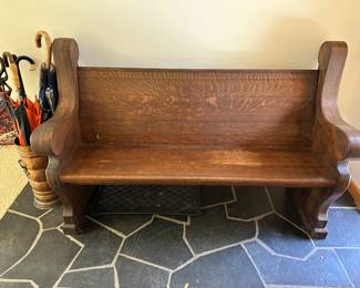Early 1/4 sawn Oak church pew 61" L x 20" d x 40" t