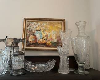Pickle castors, cut glass, vases 