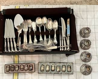 Sterling Silver flatware Gorham Chantilly pattern, sterling salt and pepper shakers and weighted sterling candle holders