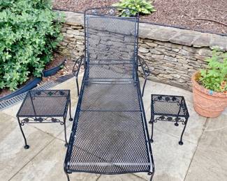 VINTAGE WROUGHT IRON OUTDOOR POOLSIDE LOUNGER CHAIR - RECLINING - ON WHEELS - TWO SIDE TABLES