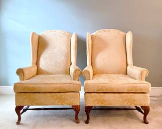 PAIR OF VINTAGE GOLD FLORAL UPHOLSTERED WINGBACK ARMCHAIRS - QUEEN ANNE LEGS