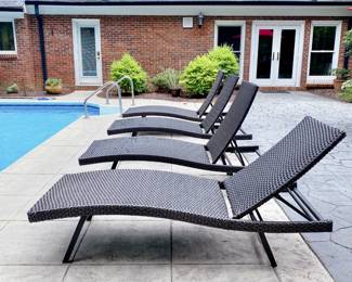 TWO WICKER POOLSIDE LOUNGE CHAIRS - ADJUSTABLE RECLINER - RATTAN