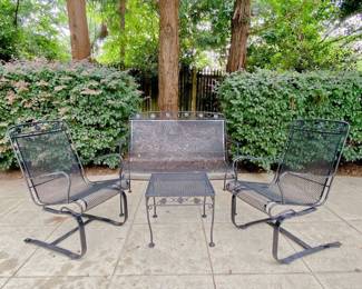 VINTAGE WROUGHT IRON ROCKING CHAIR AND LOVESEAT BENCH WITH SMALL TABLE - OUTDOOR FURNITURE