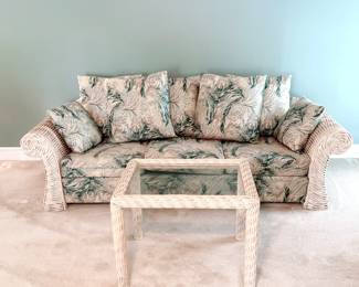 VINTAGE CAMBRIDGE INTERIORS FLORAL WICKER SOFA AND LOVESEAT WITH SIDE TABLE - COSTAL DECOR