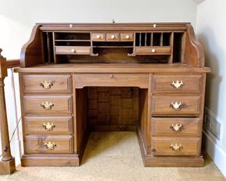 VINTAGE HANDMADE ROLL TOP DESK - SOLID WOOD - BRASS PULLS - TOP LOCKS WITH KEY