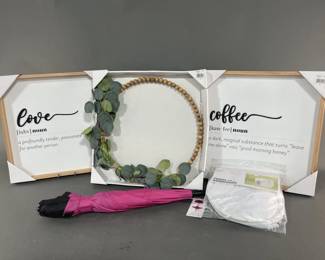 Lot 254 | Signs, Wreath, Umbrella & Mesh Organizer
