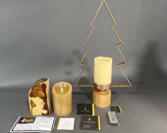 Lot 13 | Two Electric Candles, Pine Tree Holder & Box
