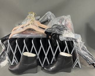 Lot 89 | Closet Shoe Rack, Clark’s Boots, Hangers & More

