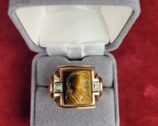 Lot 4g | 10K Men's Carved Tiger's Eye With Offset Diamonds
