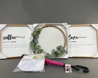 Lot 256 | Signs, Wreath, Umbrella and Mesh Organizer
